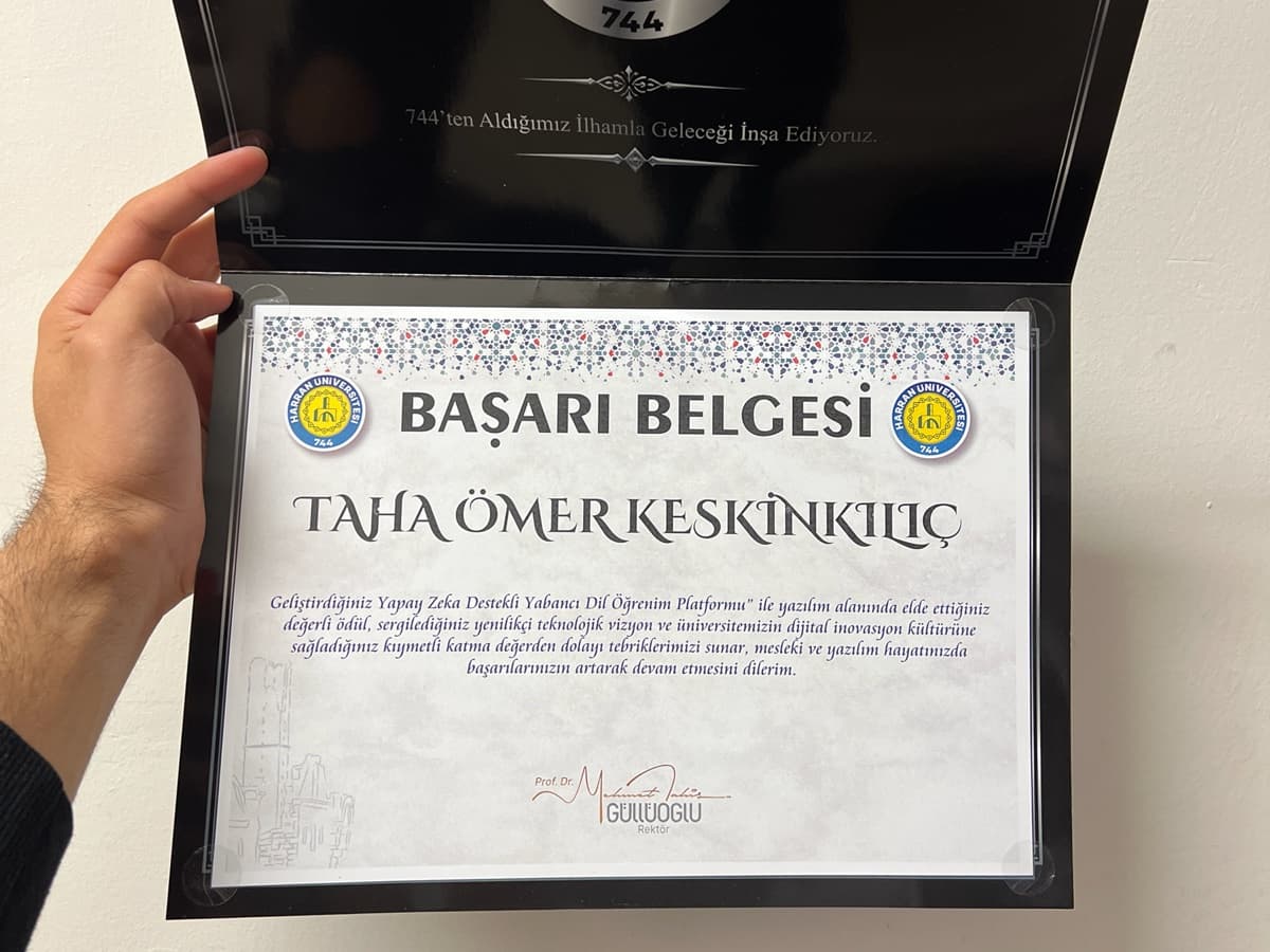 Vocabyss — Certificate of Achievement. The certificate presented for the development and technological vision of Vocabyss, my AI-supported foreign language learning platform.